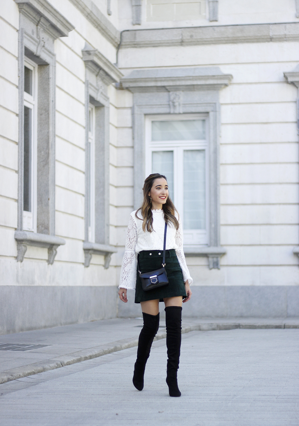 green suede skirt white lace blouse over the knee black boots givenchy bag outfit fashion10