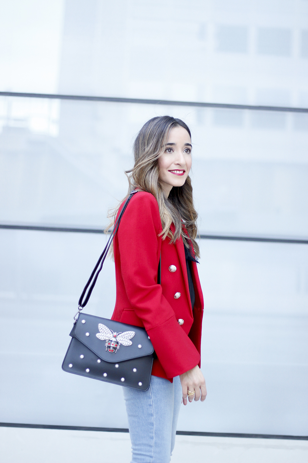 red blazer black heels bee bag denim lace top style fashion outfit trend autumn15