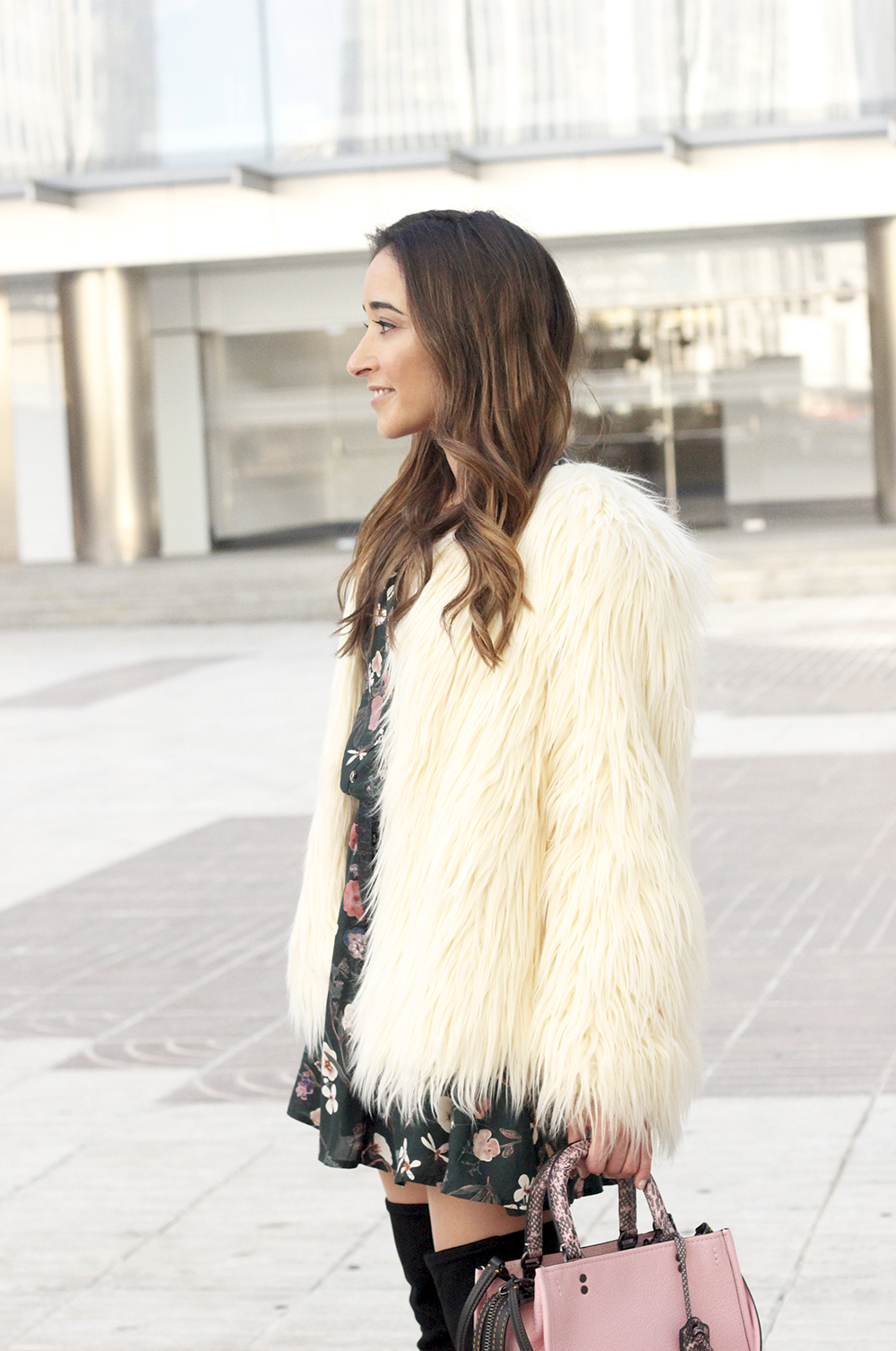 White fur faux coat flower dress black over the knee boots coach bag winter outfit 201812