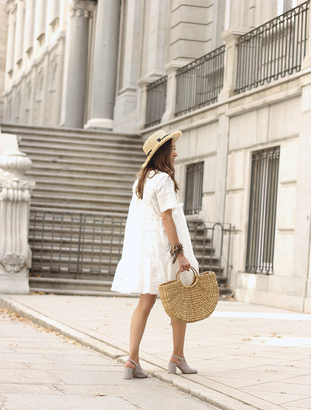White summer dress canotier street style outfit 20198