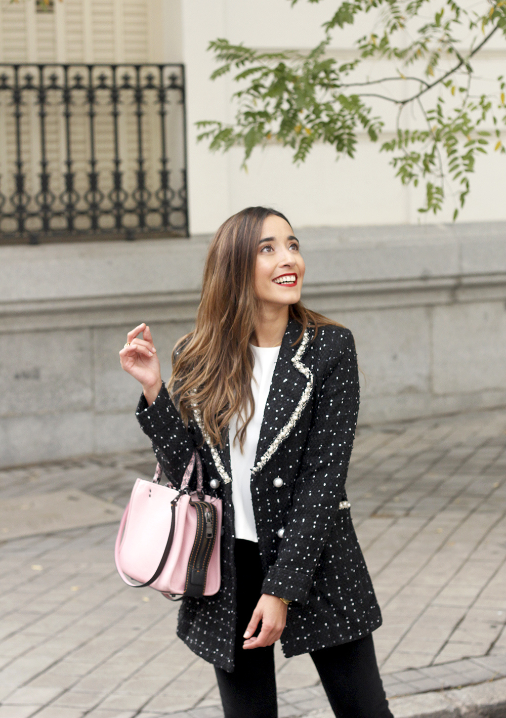 tweed jacket coach bag black jeans street style outfit 20199