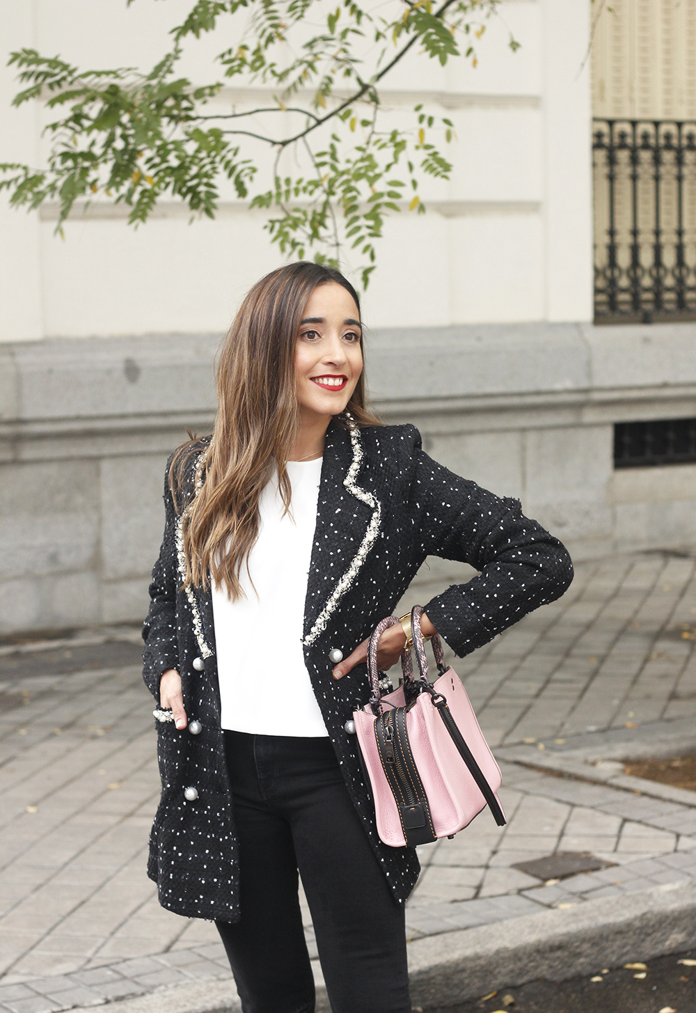 tweed jacket coach bag black jeans street style outfit 20198