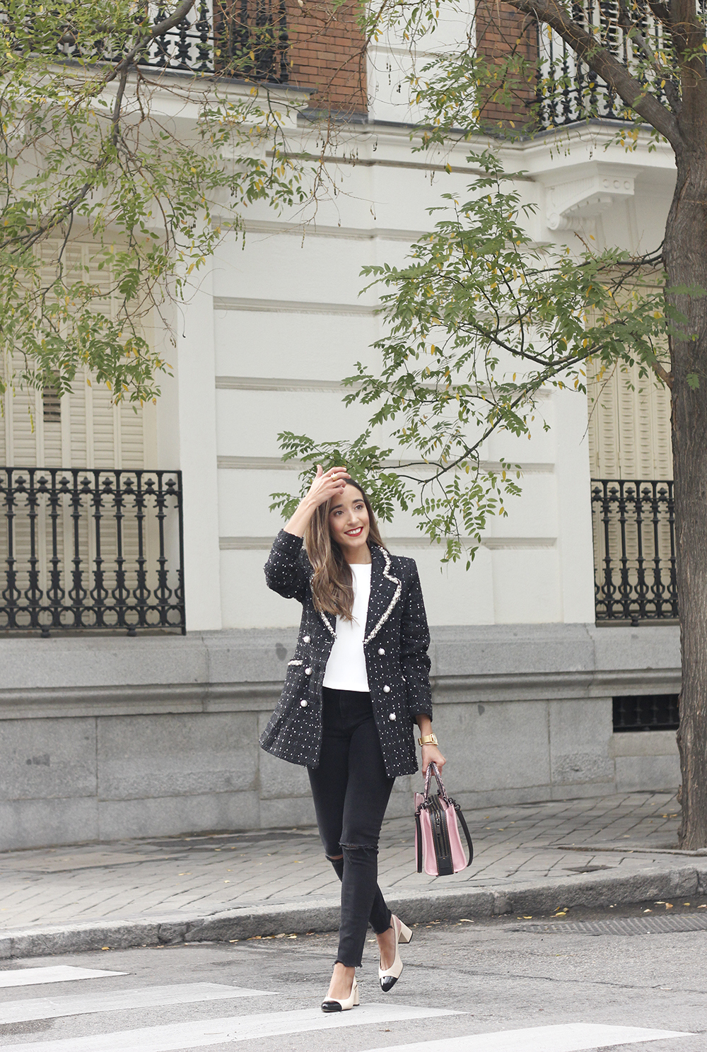 tweed jacket coach bag black jeans street style outfit 20195