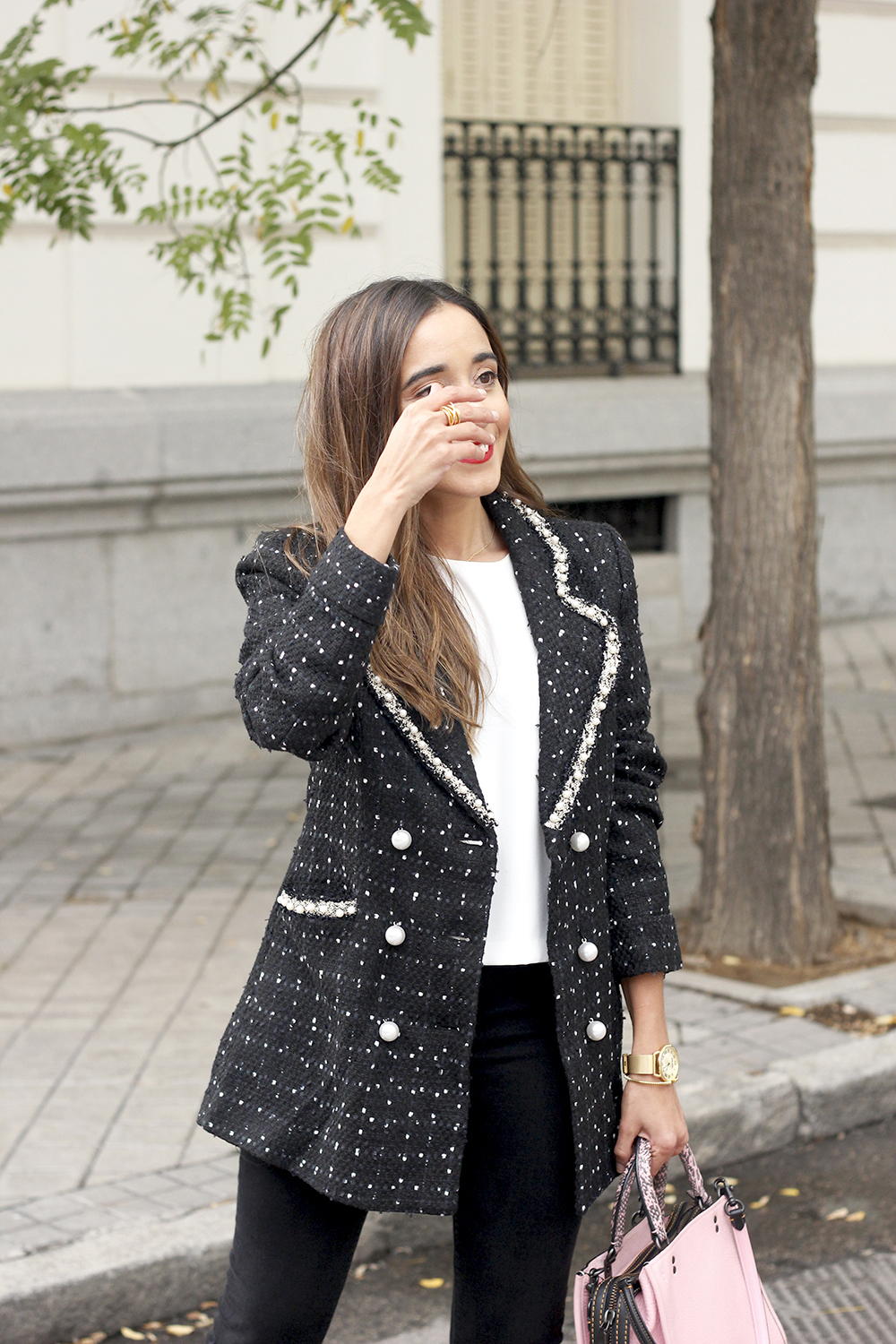 tweed jacket coach bag black jeans street style outfit 20197