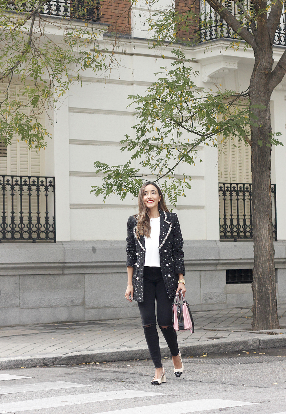 tweed jacket coach bag black jeans street style outfit 20194