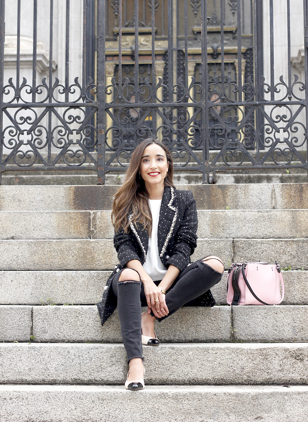 tweed jacket coach bag black jeans street style outfit 20191