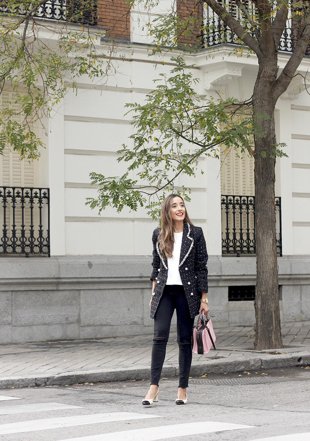 tweed jacket coach bag black jeans street style outfit 20196