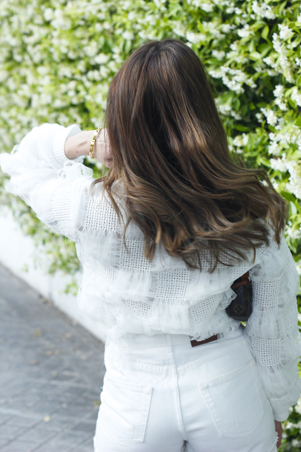 white shorts white sweater black shoes louis vuitton bag street style 20206