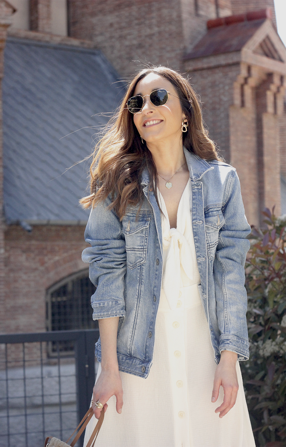white dress denim jacket street style outfit2