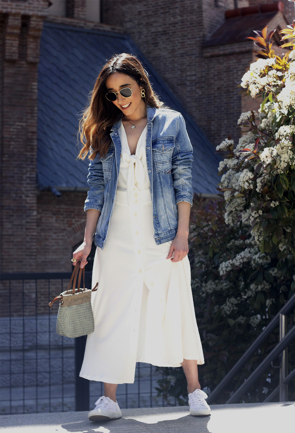 white dress denim jacket street style outfit4