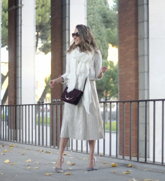 Silver Pleated Midi Skirt