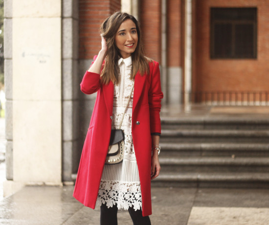 white lace dress with red coat uterqüe bag outfit style17