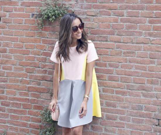 cute-little-pink-yellow-grey-dress-coach-bag-nude-heels-outfit-style11